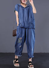 Zweiteiliges, jeansblaues Vintage-Baumwoll-Oberteil mit Kapuze und kurzen Ärmeln und Patchwork-Hose